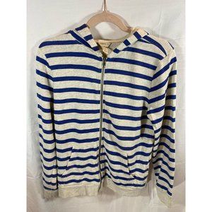 Forever 21 Sweater Boys 13/14 ‎ Beige Blue Striped Pockets Zip Hooded Sweatshirt